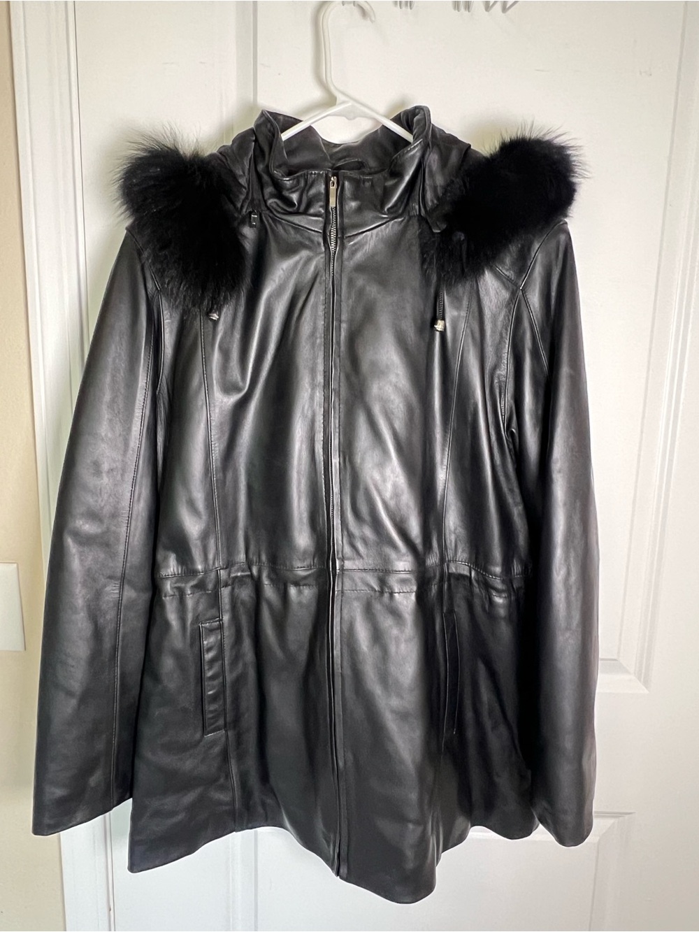 Gallery Women’s Genuine Lamb Leather Hooded Fur Trim Coat Black Size XL